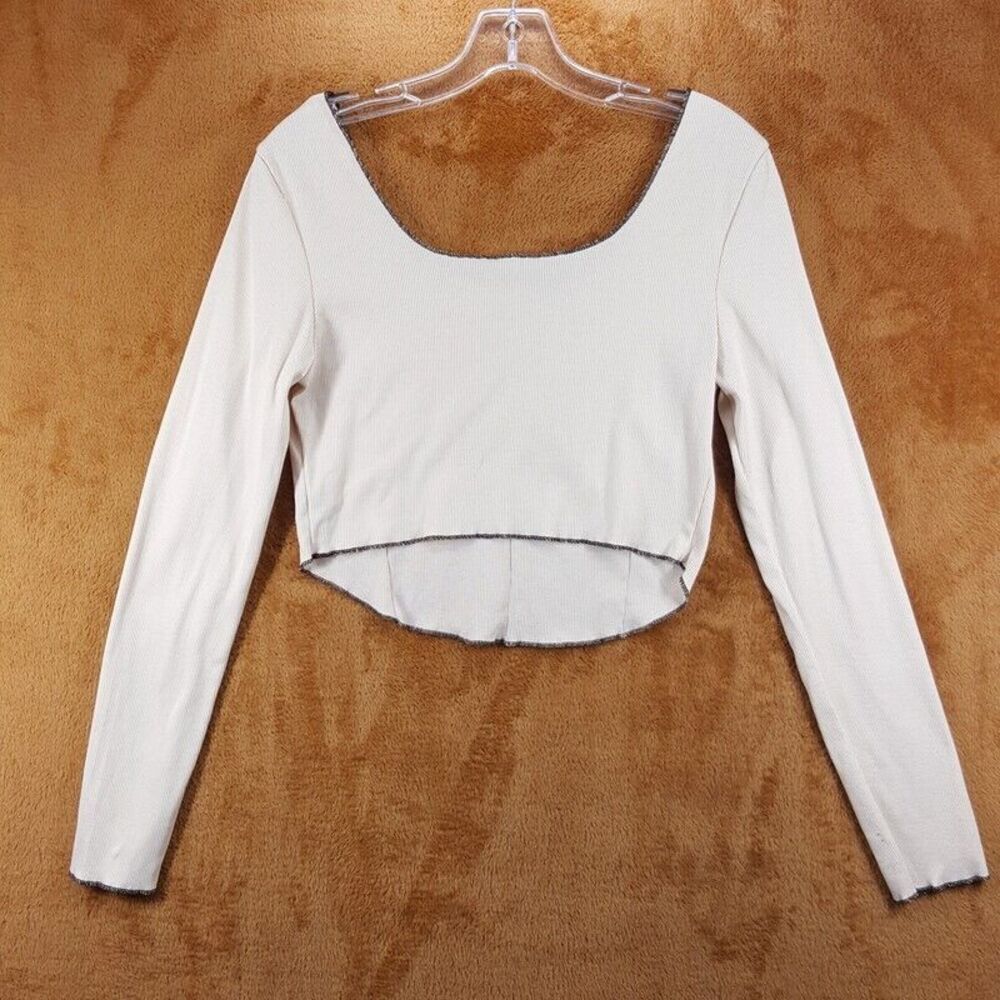 CIDER Top Womens Large Cream Pullover Crop Long Sleeve Ribbed Casual